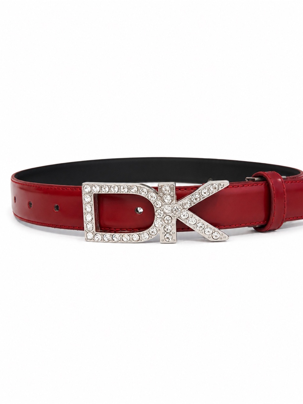 Donna Karan Burgundy Leather Belt with Crystal DK Buckle - Picture 2 of 3